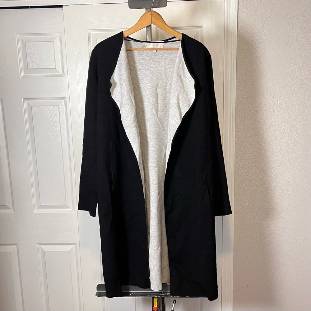 Hobbs Coatigan Size L UK 14-16 Black Grey Coat Long Cardigan Wool Blend